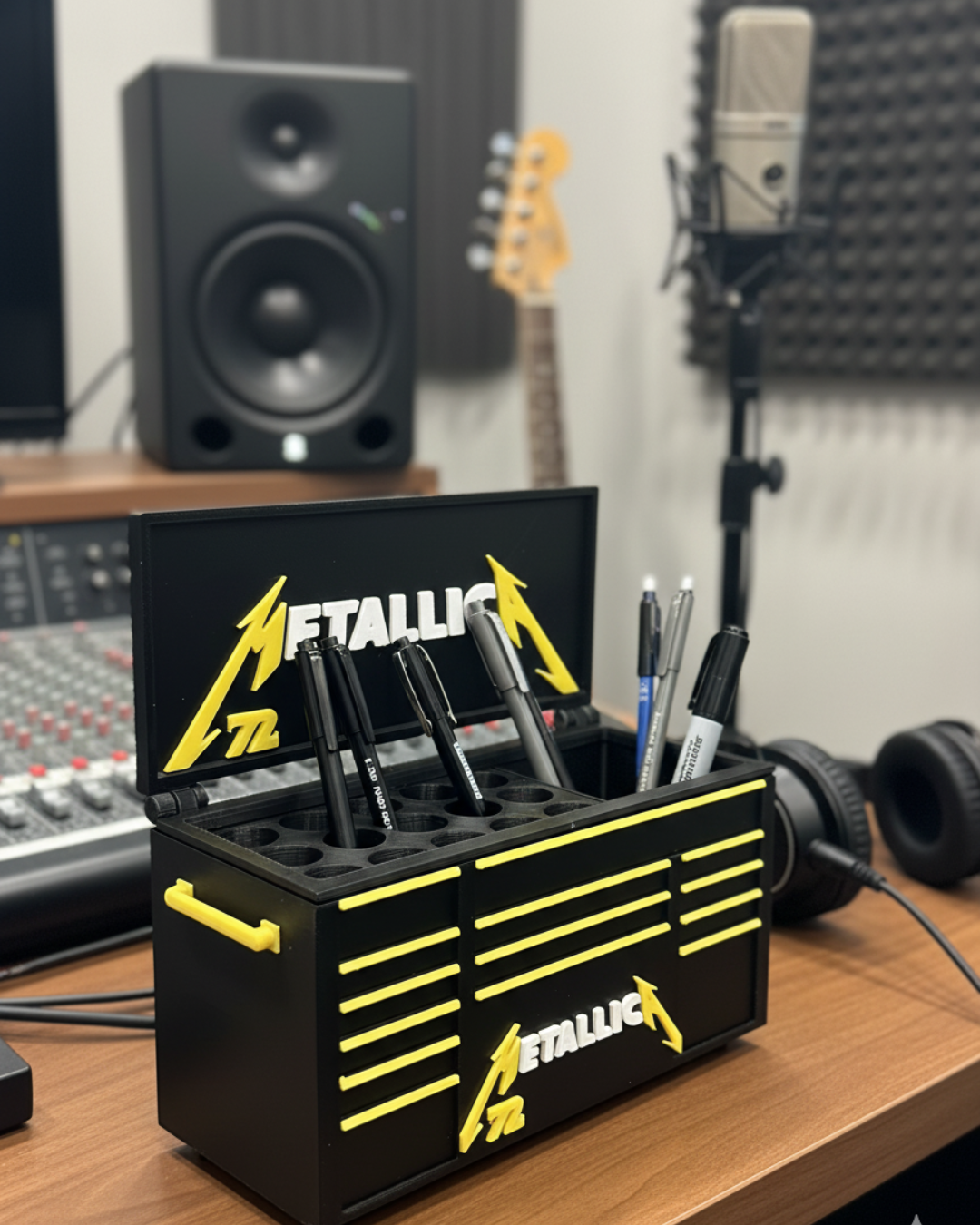 Heavy Metal Toolbox Desk Organizer | 3D Printed Rock-Inspired Pen Holder | Garage & Man Cave Decor