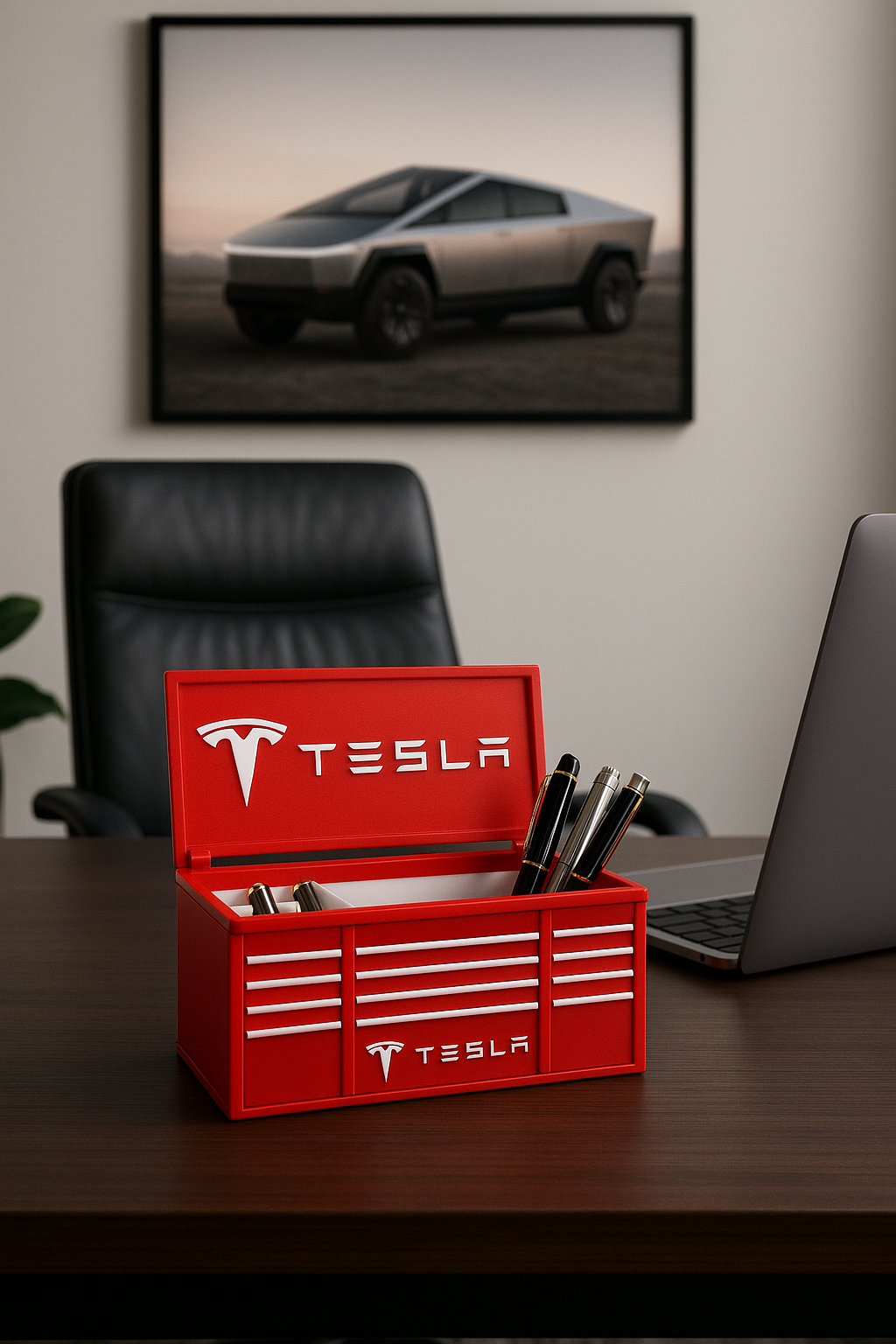 EV Toolbox Pen Holder | Red 3D Printed Desk Organizer | Modern Workspace Decor for Car Enthusiasts