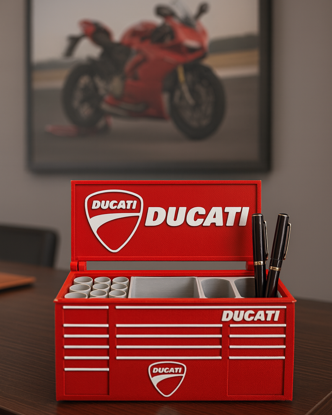 Red Motorcycle Toolbox Pen Holder | 3D Printed Desk Organizer for Bikers & Garage Decor
