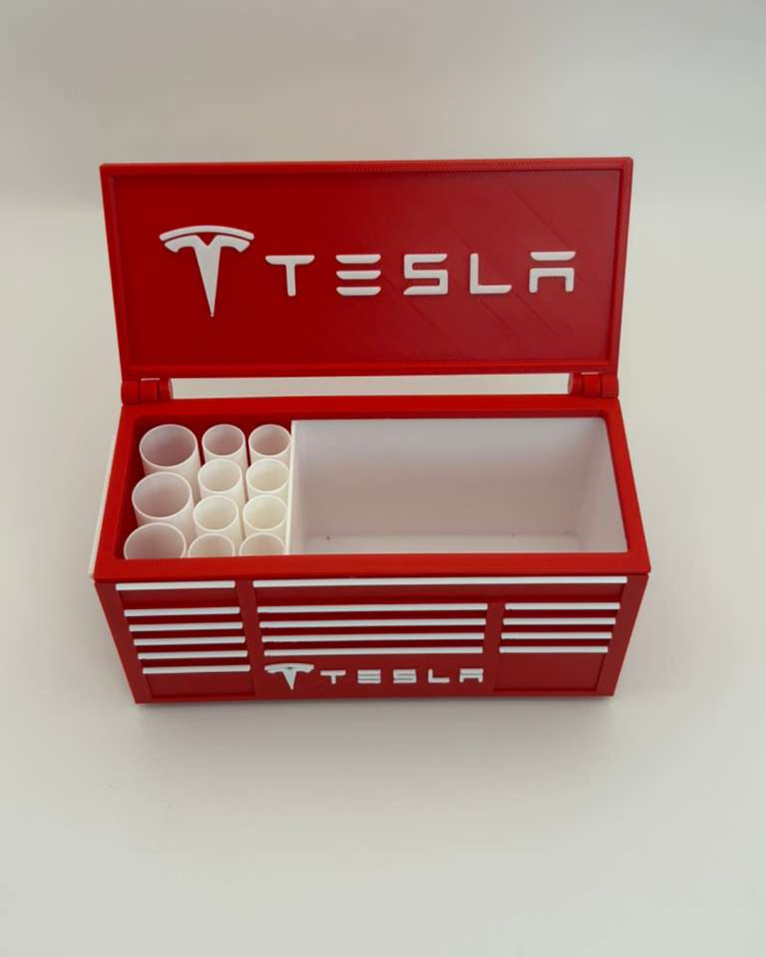 EV Toolbox Pen Holder | Red 3D Printed Desk Organizer | Modern Workspace Decor for Car Enthusiasts