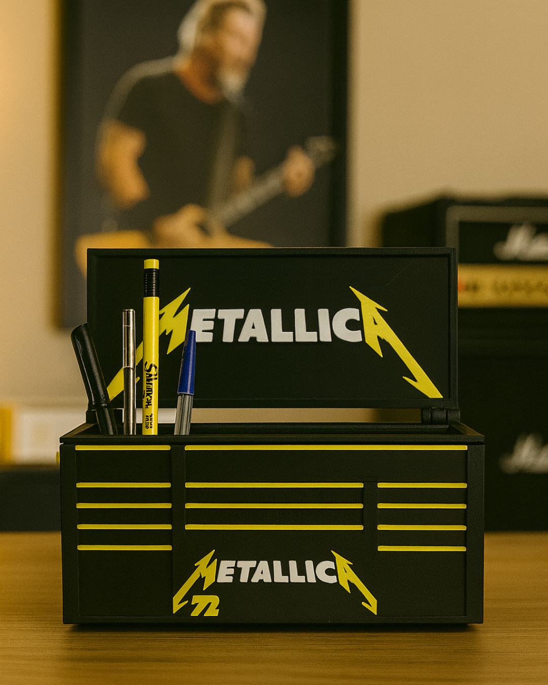 Heavy Metal Toolbox Desk Organizer | 3D Printed Rock-Inspired Pen Holder | Garage & Man Cave Decor